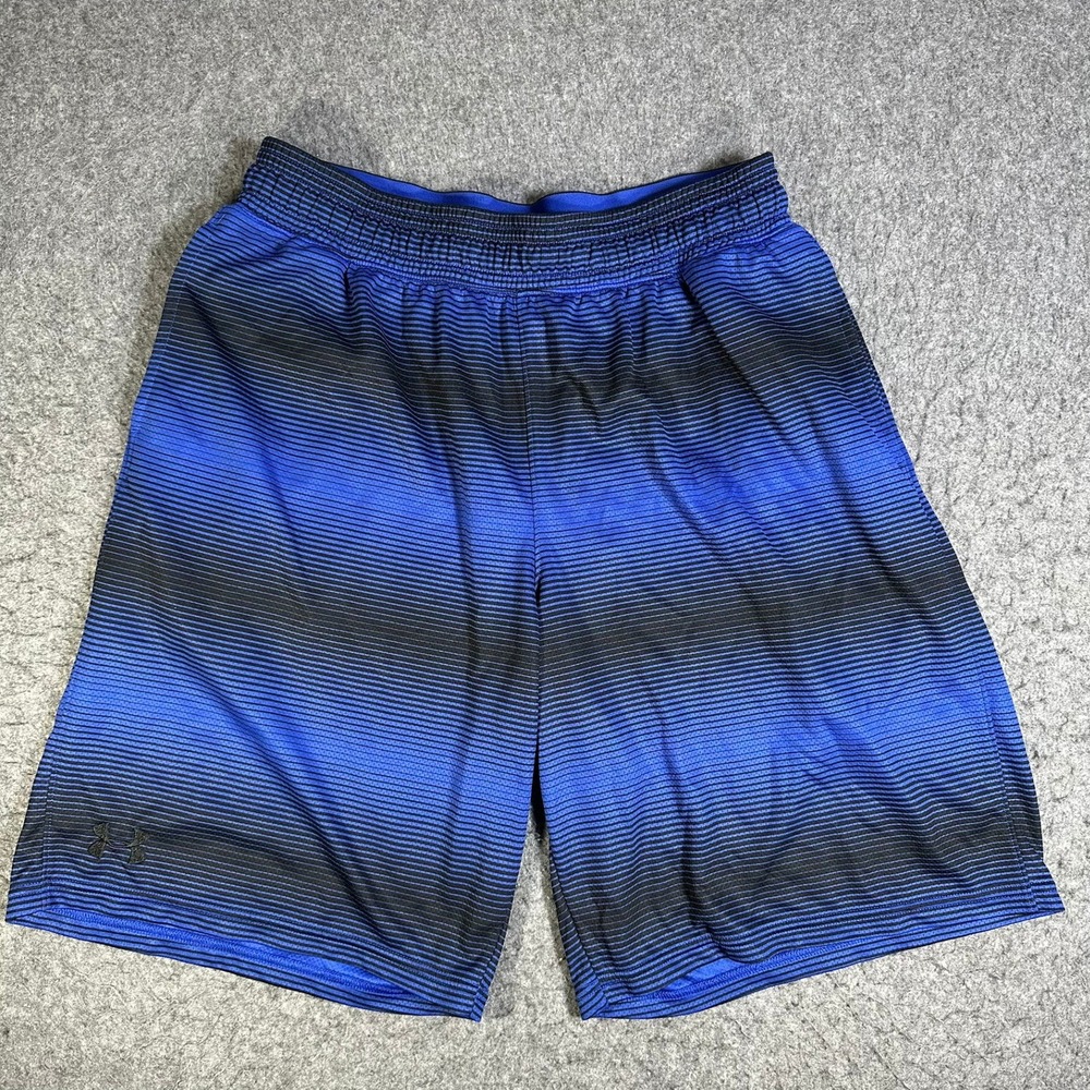 Under Armour Mens Blue Black Striped Loose Fit Athletic Shorts Large